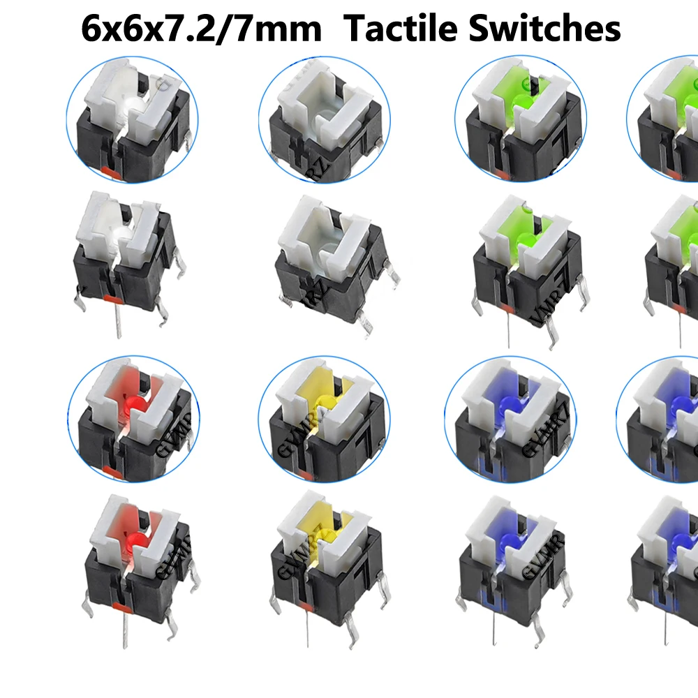 10PCS/lot Iight Touch Switch 6*6*7.2mm 6*6*7 H Tactile Switches With LED Yellow Red Green 6X6X7 MM Microswitch/Key White Blue