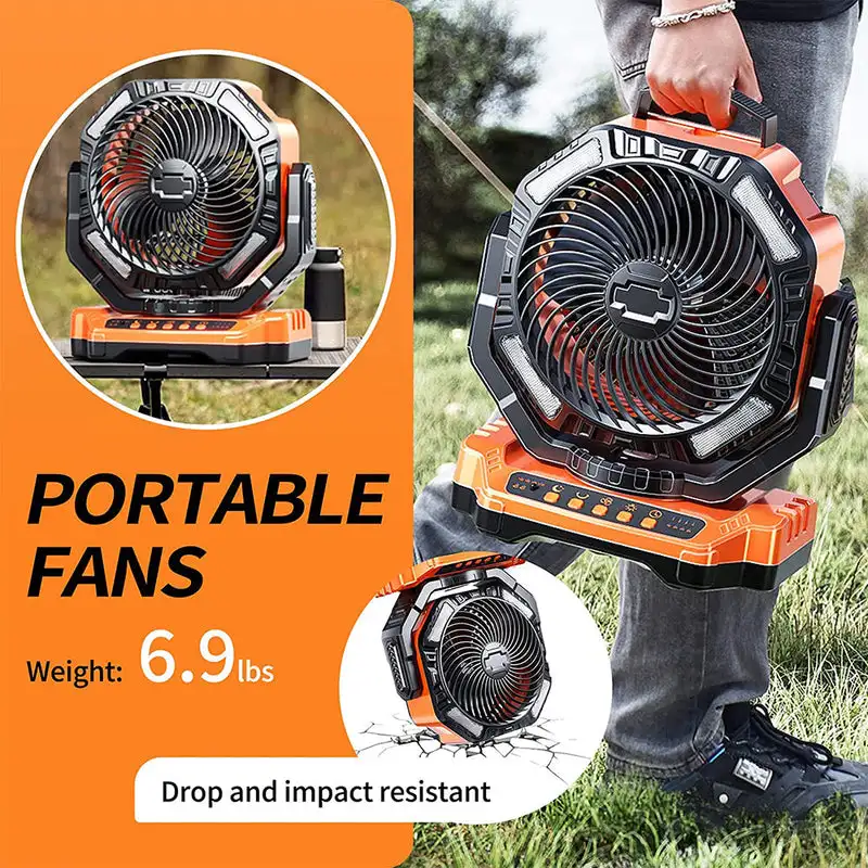 Rechargeable Camping Fan 270-Degree Rotating Head Quiet Motor Built-in LED Light for Outdoor Trips 40000mAh