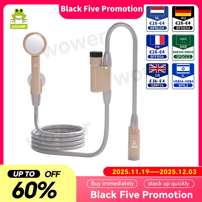 Портативный душ WOWER, 2200 мАч, IPX8, водонепроницаемый электрический душ со шлангом 2 м, перезаряжаемый портативный душ для кемпинга, путешествий Портативный душ WOWER, 2200 мАч, IPX8, водонепроницаемый электрический душ со шлангом 2 м, перезаряжаемый портативный душ для кемпинга, путешествий