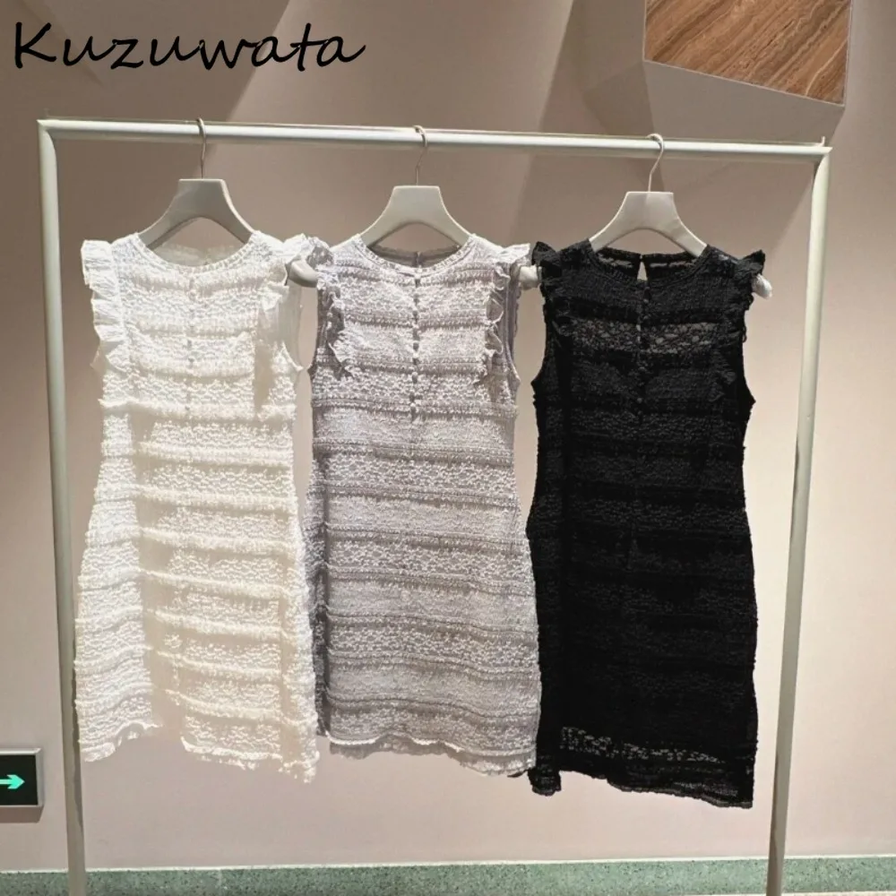 Kuzuwata Elegant O Neck Flying Sleeve Sweet Dress Lace Casual Single Breasted Fresh Patchwork Robe Japan Moda Slim Fit Vestidos