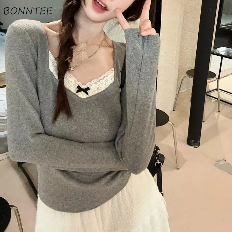 V-neck T-shirts Women Lace Spliced Thicker Bow Hot Sweet Slim Solid Simple Students Elegant Leisure Korean-style Long-sleeves