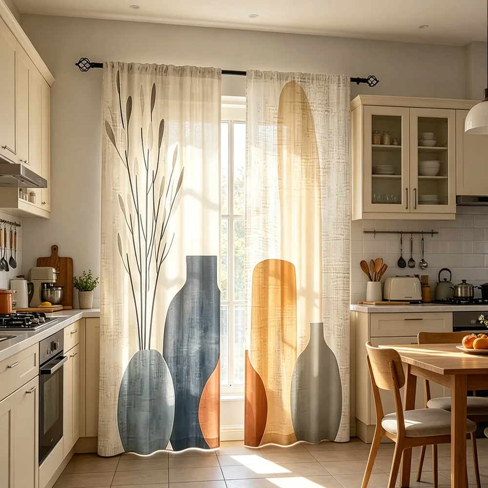 2PCS Minimalist Abstract Vase Branch Print Window Curtains, Artistic Window Decor for Dining Room Living Room Home Interior