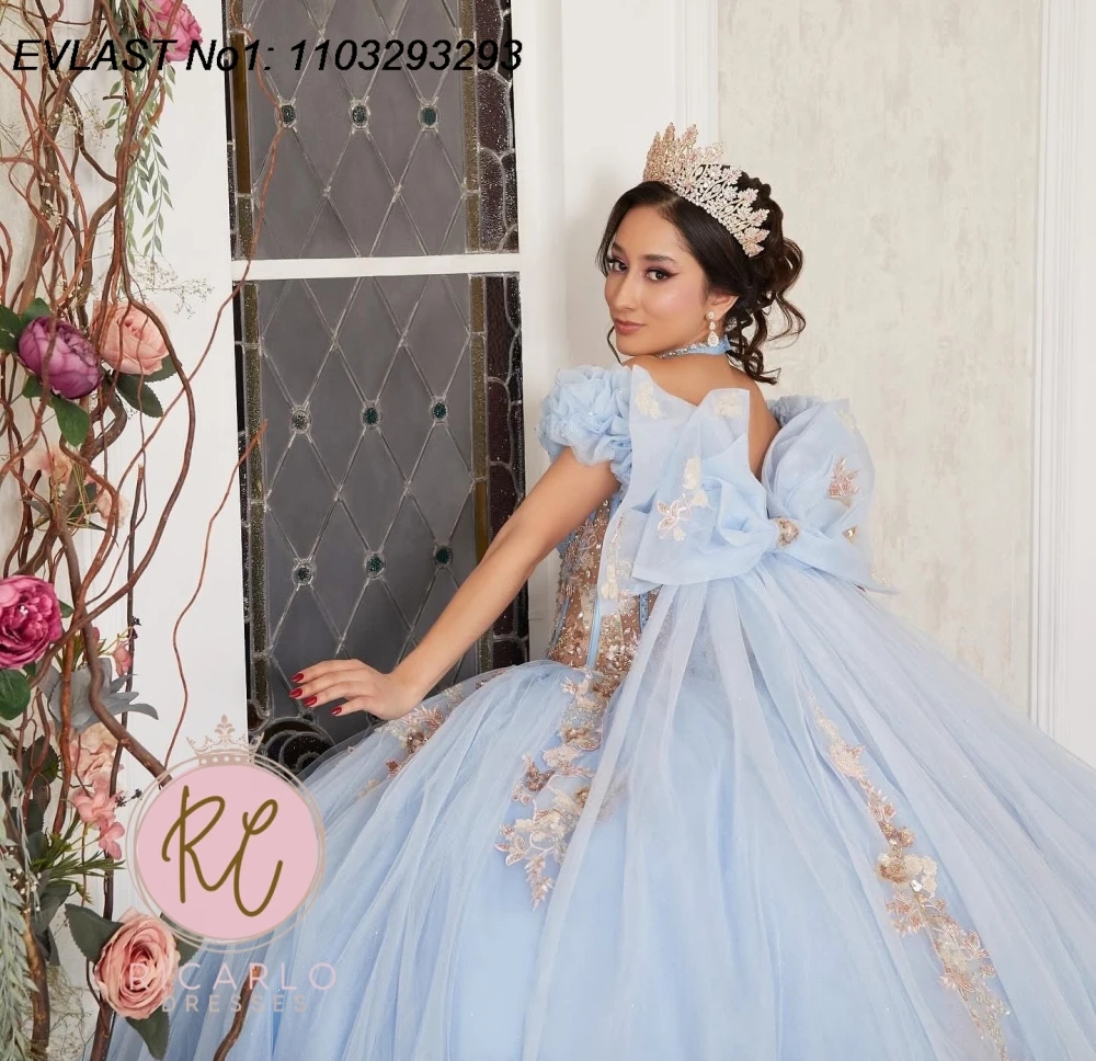 EVLAST Customized Glitter Baby Blue Ball Gown Quinceanera Dress Lace Applique Beading Corset Sweet 16 Vestidos De 15 Anos E1Q901
