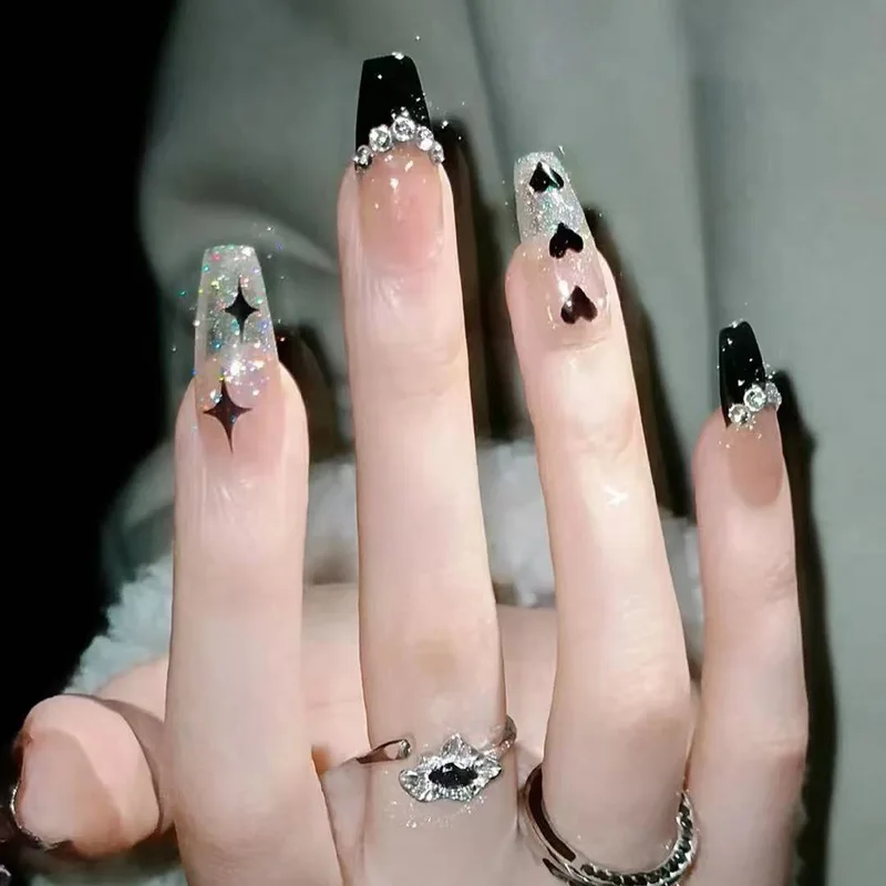 24Pcs Black Diamond French Finger Nail Tips Mid-length Heart Starburst Ballerina Fake Nails Shiny Powder Wearable Press on Nails
