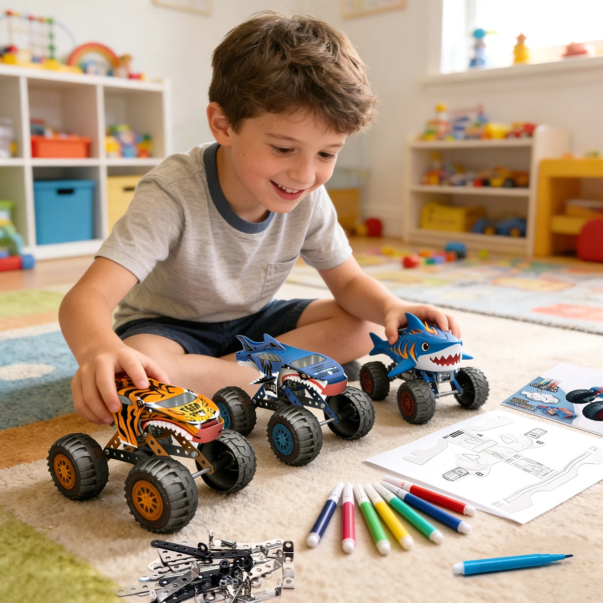 

DIY Monster Truck Metal Construction Set with Coloring Kit - STEM Building Toy for Kids to Assemble & Customize Off-Road Vehicle