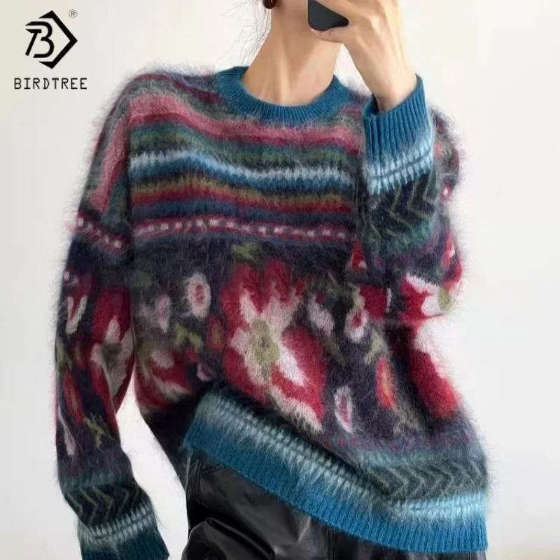

Birdtree, плюшевый свитер из 91% шерсти, 9% кашемира, женские вязаные жаккардовые топы, круглый вырез, полный рукав, осенне-зимний пуловер 2025 T5D114JF