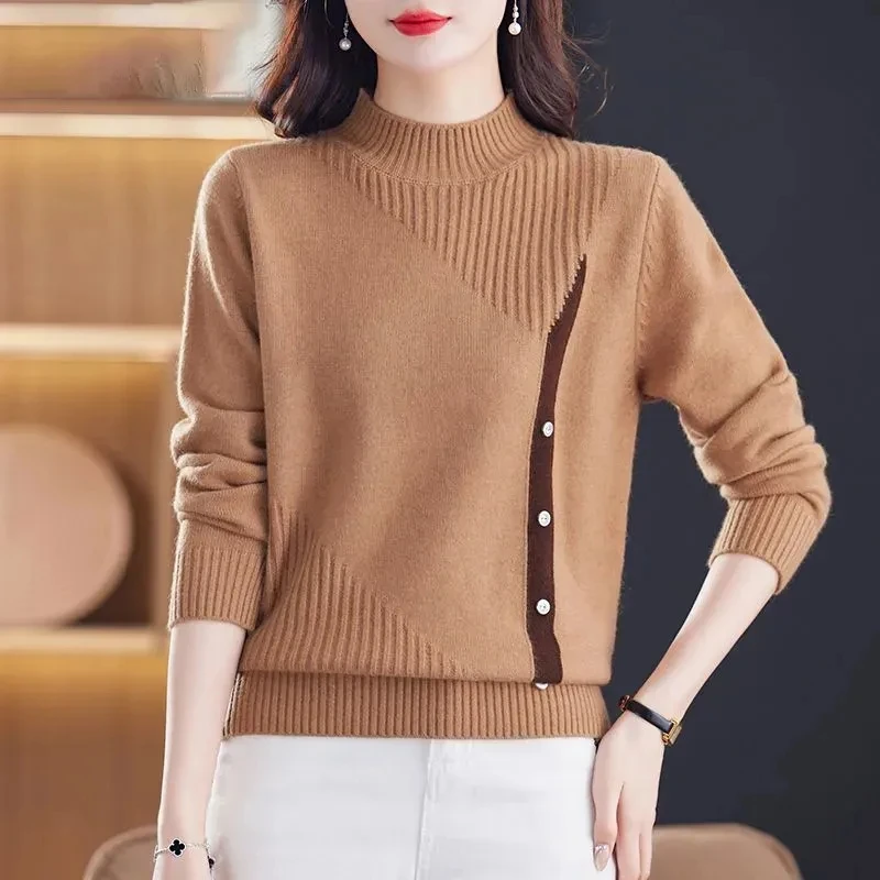

Autumn Women Pullover Sweater Fashion Half Turtleneck Knitted Female Jumper Long Sleeve Winter Black Soft Elastic Blouse Bottomi