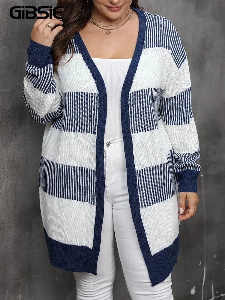 GIBSIE Plus Size Women\'s Cardigan Contrasting Color Striped Open Front Knitted Sweater Fall Winter Casual Long Cardigan Coat