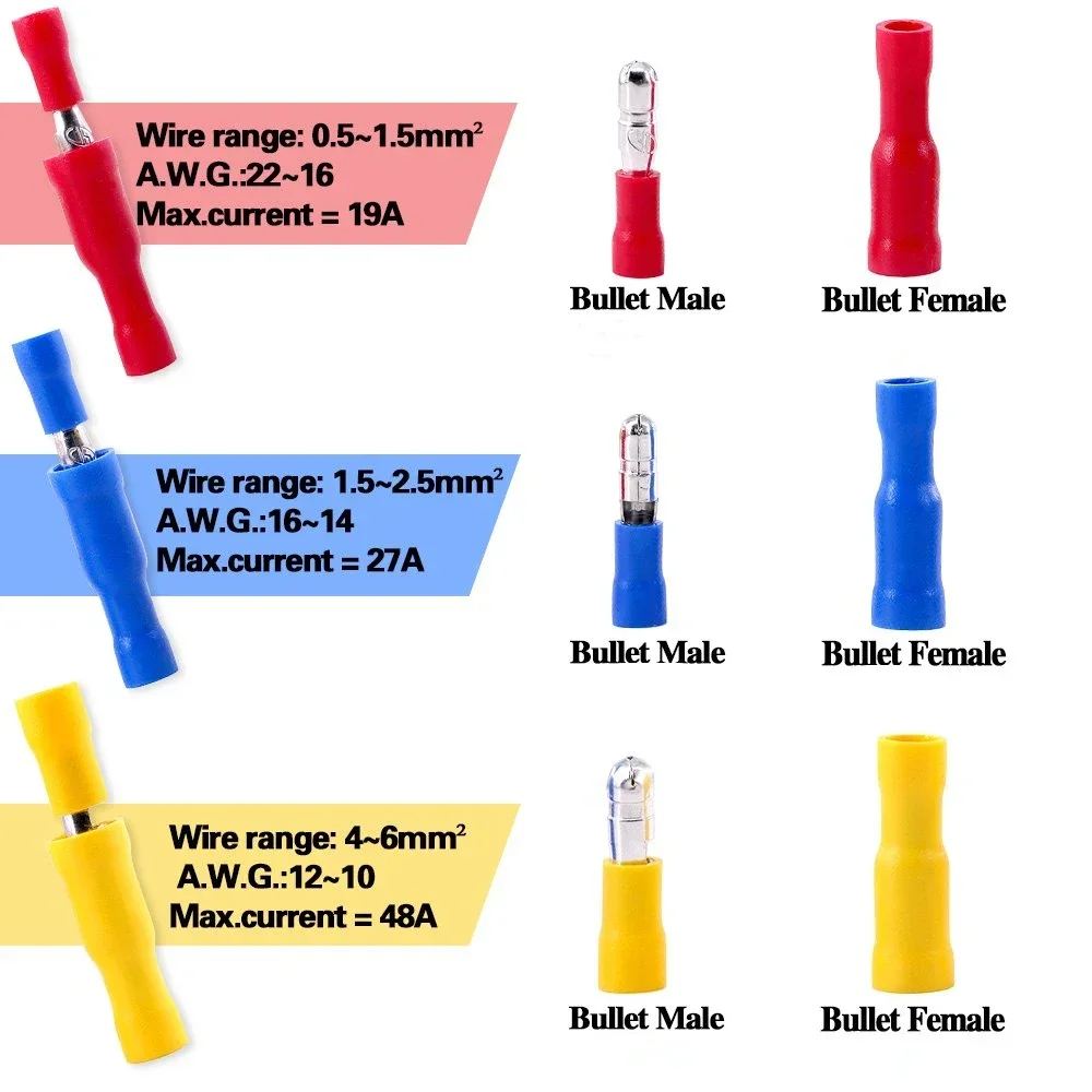100PCS Bullet/Spade Wire Connectors Male Female Seal Connection Cable Insulation Crimp Terminal for Car Automotive Electricals