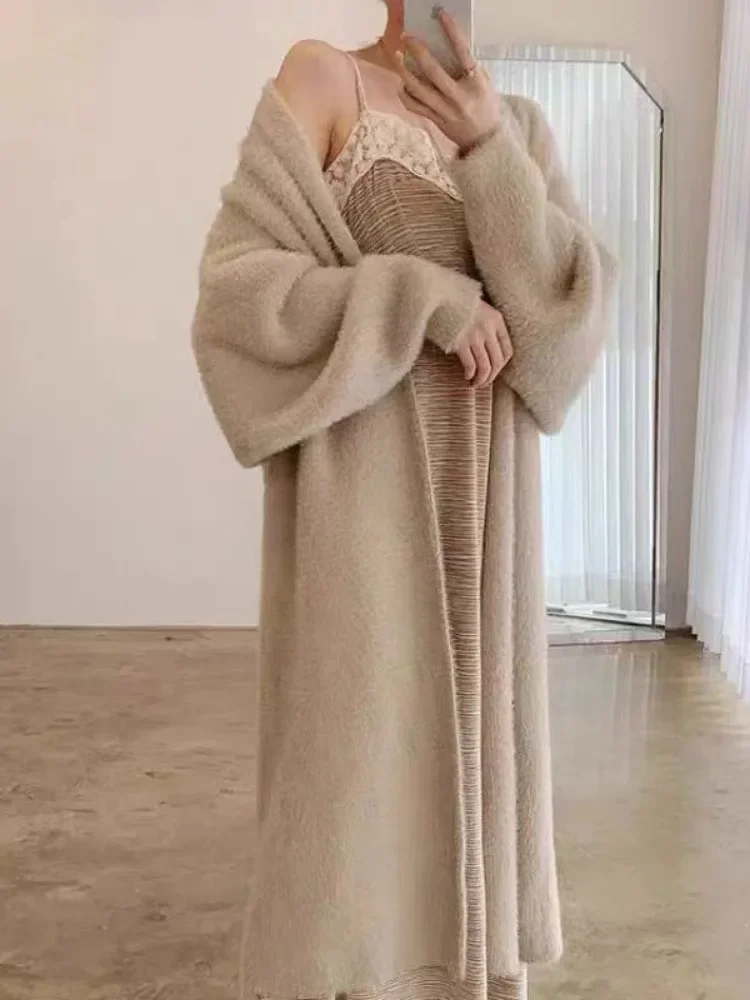 Autumn Winter Cross Knee Overall Imitation Mink Fur Knitted Cardigan Loose Medium Long Lazy Soft Sticky Sweater Jacket Women