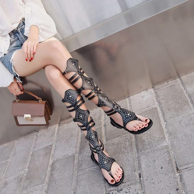 Lady sandals in the summer gladiator sandals peep-toe tape with high Roman cool boots hollow out sandals rivets decoration