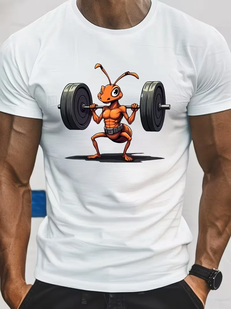Funny Strong Ant Weightlifting printing Men's T-shirt Fashionable Summer Breathable Daily Fitness Running Shirt Men's Clothing