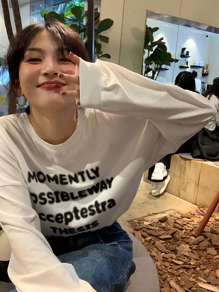 

Женская футболка Long Sve, свободный базовый слой, носимый внешний дизайн, белый хлопок, полиэстер, смесь для поездок на работу, корейский Ve...