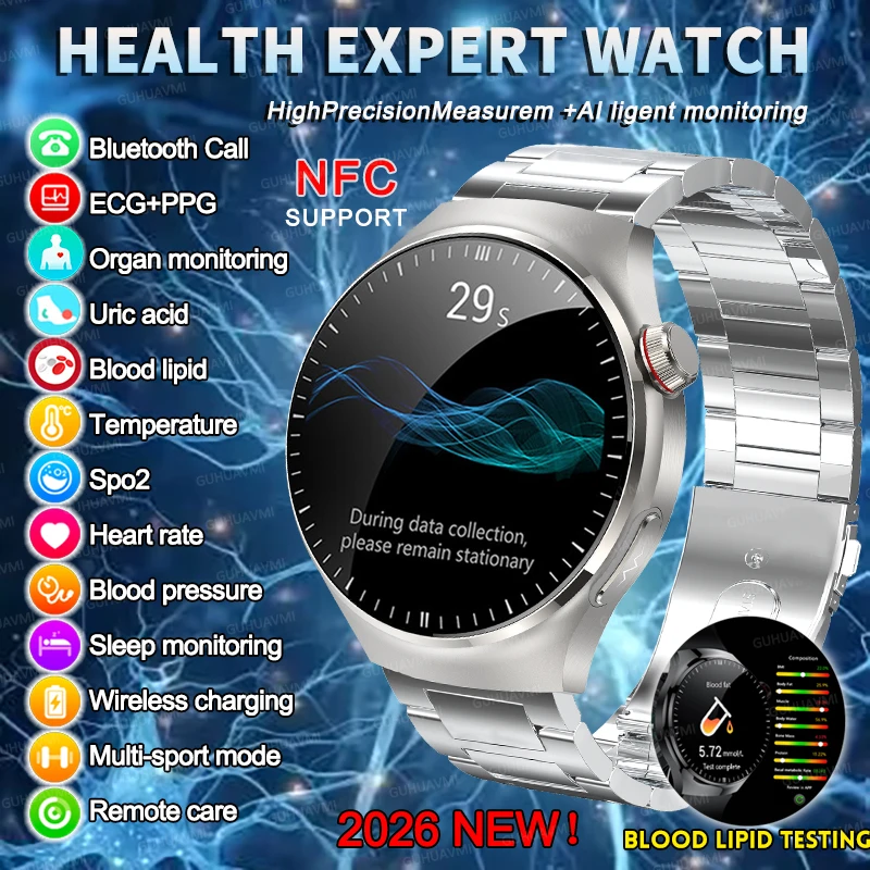 2026 New Men Health Expert Smart Watch Blood Pressure Blood Lipid Uric Acid ECG+PPG Body Temperature NFC HD Bluetooth Call Watch