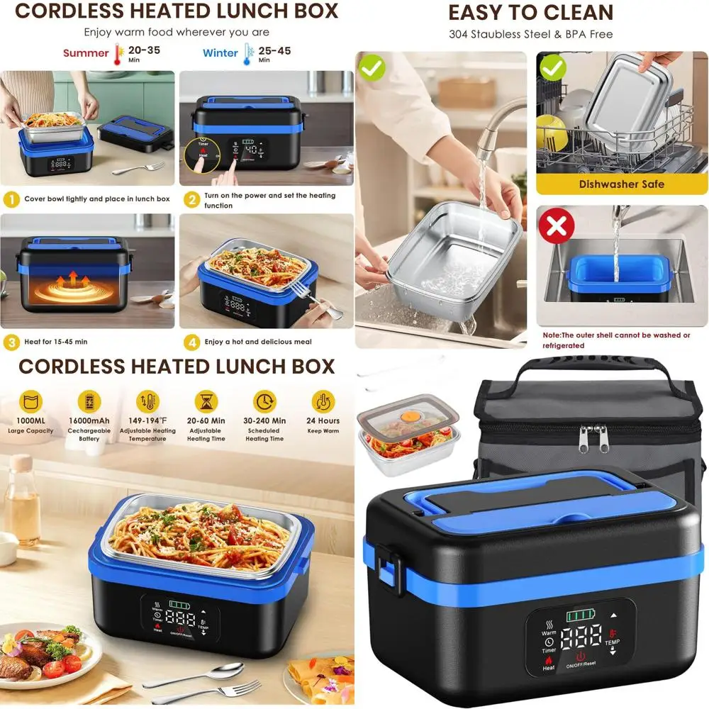 

Портативный ланч-бокс с электрическим подогревом, изолированный подогреватель еды емкостью 1 л со столовыми приборами и сумкой для взрослых и рабочих