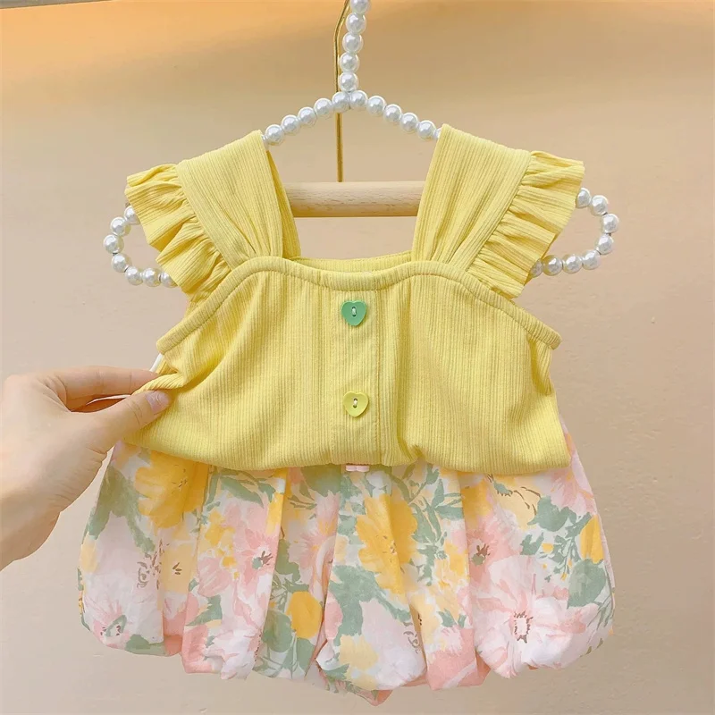 Summer Sets Girls Vest Suit New Flysleeve Halter Top + Floral Pants Two Piece Children Sweet Outfit Baby Cute Casual Clothes