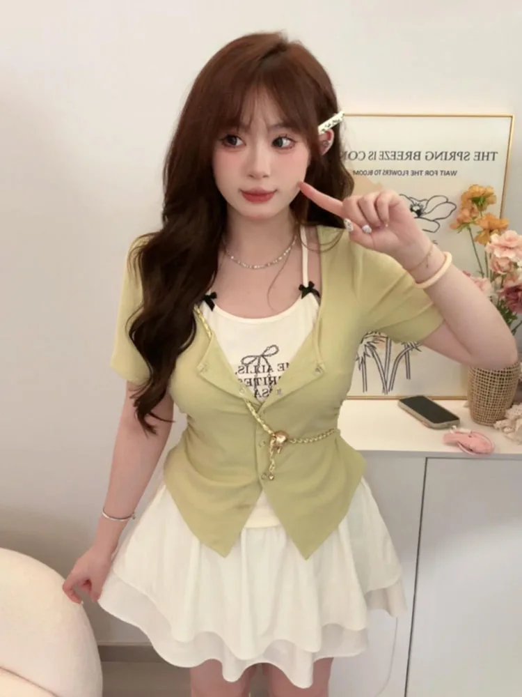 Japanese Fashion New Design Patchwork Bow Short Sleeve Crop Tops Summer Women Sexy Slim ButtonT-Shirts Letter Print Sweet Tees