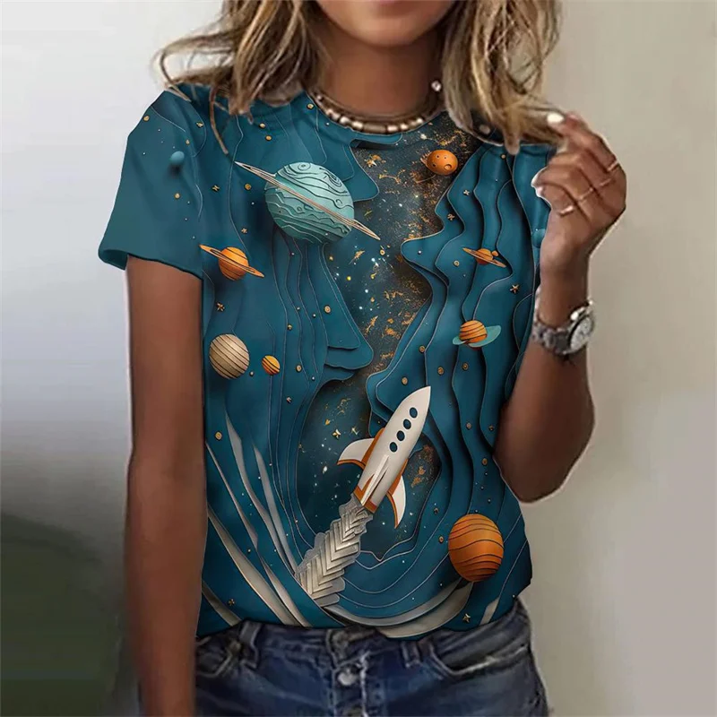 T-shirt colorata con motivo pianeta per donna Astronauta Razzo Stampa 3D T-shirt Moda estiva Street Tees Maniche corte O-Collo Top