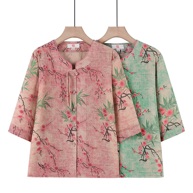 Traditionelle neue chinesische Tang Kostüm Sommer dünne Cheong sam Anzug gedruckt T-Shirt Jacke Mantel mittleren Alters und ältere Hanfu Set