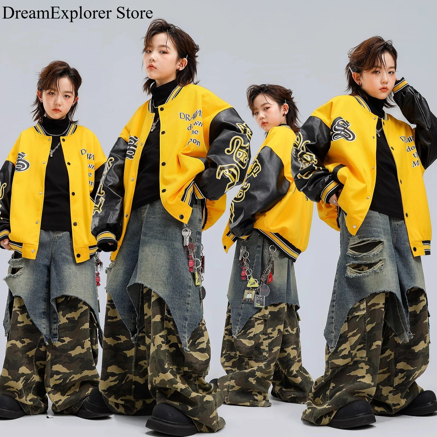 Boys Hip Hop Contrast Baseball Jacket Street Dance Patchwork Camouflage Pants Girls Streetwear Kids Child Jazz K-pop Clothes Set