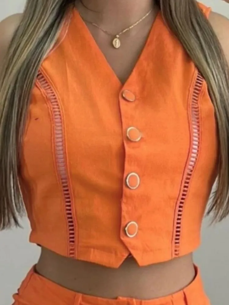 Conjunto de dos piezas para mujer, huecos con botones traje Sexy, chaleco sin mangas con cuello en V y pantalones cortos con bolsillo, conjunto de