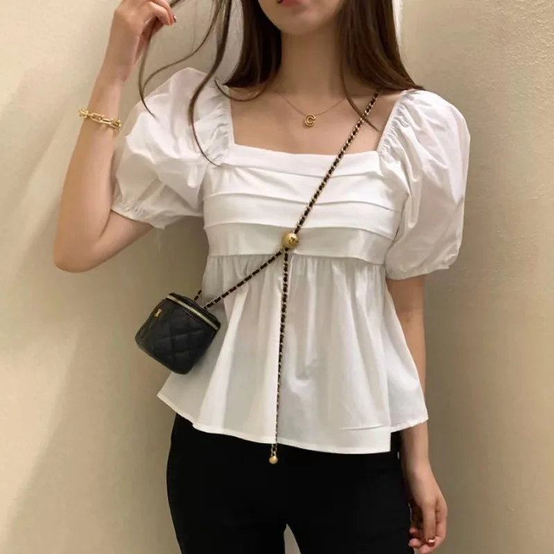 Korean Chic White Blouse for Women, Sweet Square Collar, Short Sleeve, Casual Loose, Puff Sleeve, Women\'s Clothes, Summer, 1977