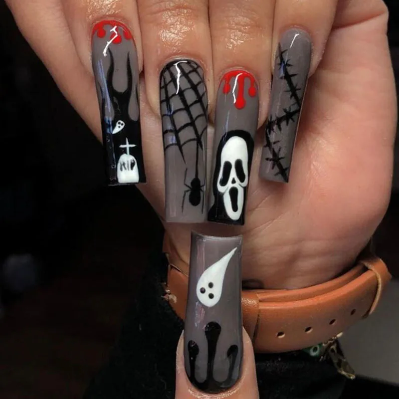 

24Pcs Long Square Press on Nails - Halloween Party Design with Black Cobweb, Spider, White Ghost and Red Blood Drops