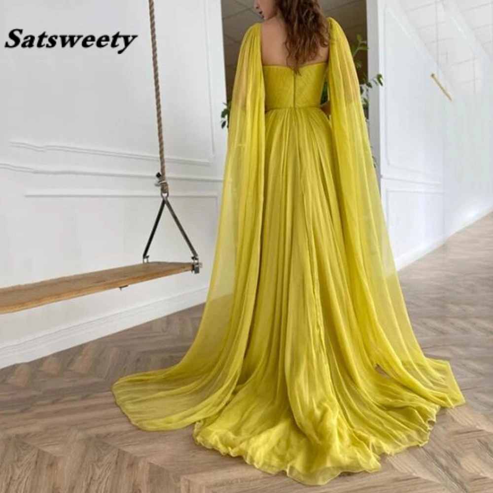 Yellow Long Cape Sleeves Chiffon Bohemian Prom Dresses 2024 Backless Vintage Square Neck Side Split Party Gowns Plus Size