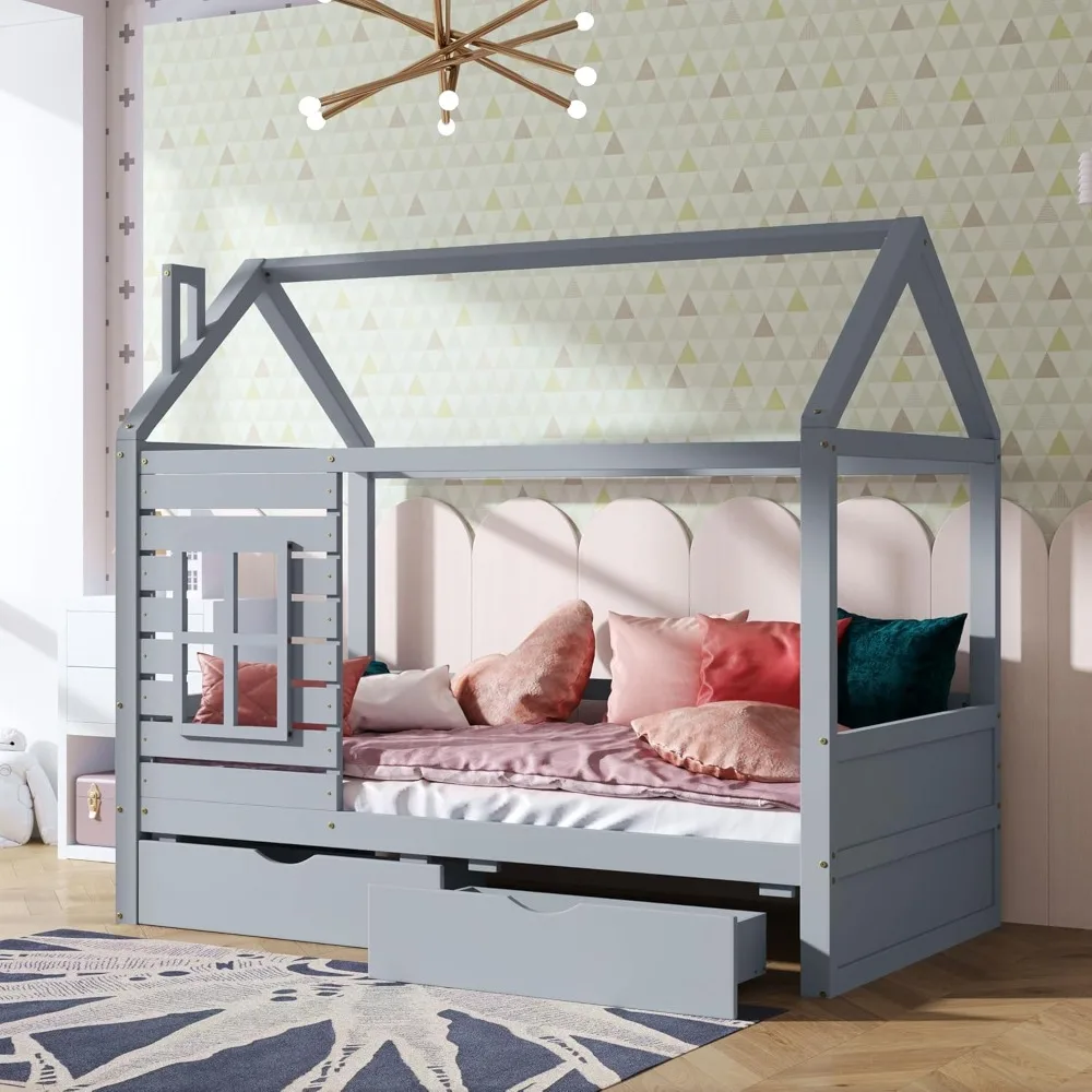 Aoowow Twin Size Kids House Bed with 2 Drawers, Wooden Twin Bed Frame with Window and Roof for Bedroom, Modern Twin Size Kid Pla