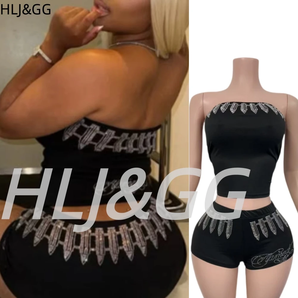 

HLJ&GG Black Sexy Rhinestone Letter Dark Punk Two Piece Sets Women Off Shoulder Crop Tube And Shorts Outfits Fashion Streetwear
