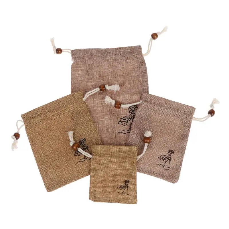 2 Stück Jute-Zugbeutel mit Kordelzug, Baumwolle, Leinen, Lotusmuster, Hochzeitsbeutel, Weihnachtsverpackung, Aufbewahrung von Kristallsteinen, Geschenktüten – Detail 5