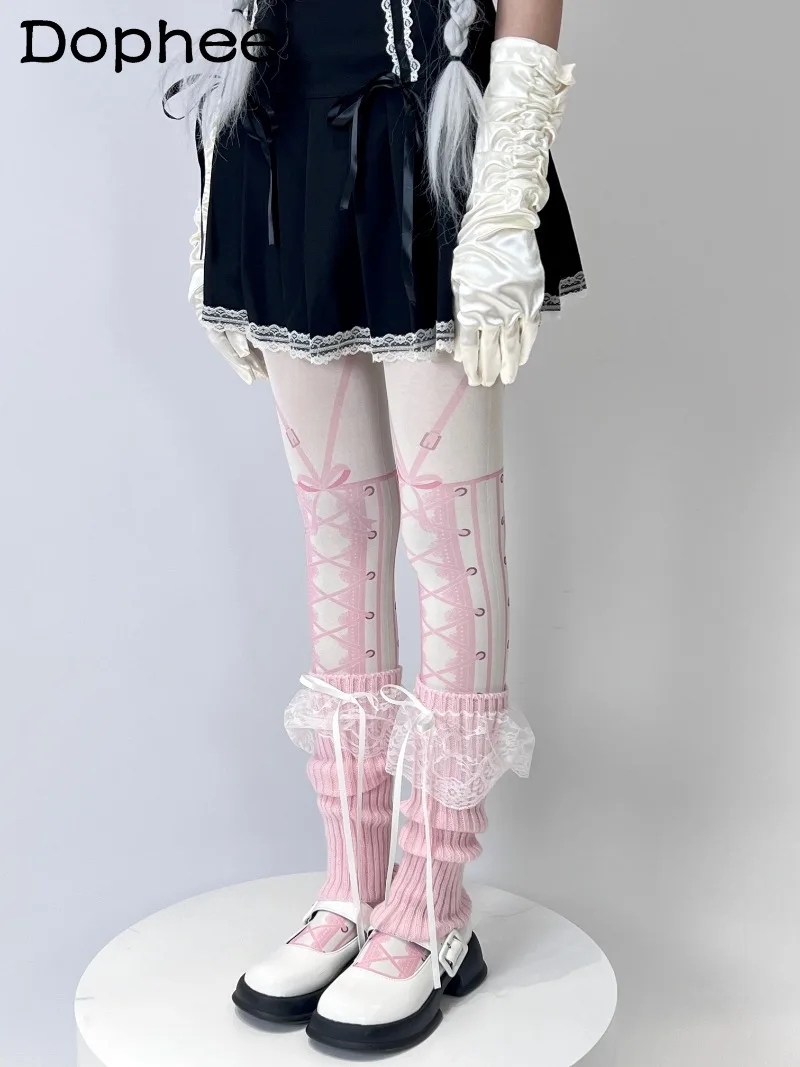 

Милые чулки в японском стиле для девочек в стиле аниме с розовым ремешком в стиле Лоли, белые колготки с принтом в стиле Лоли