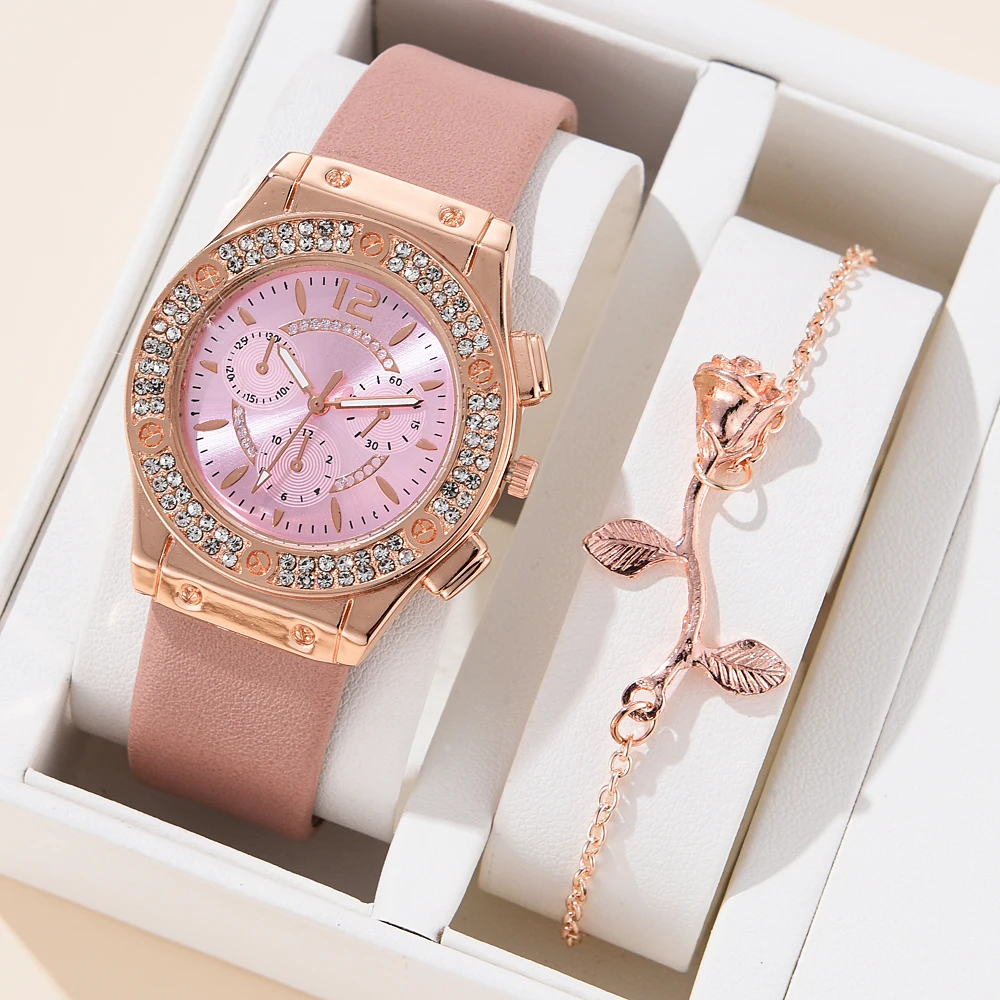 2 piezas para mujer, reloj de pulsera de aleación de oro rosa, elegante, de cuarzo