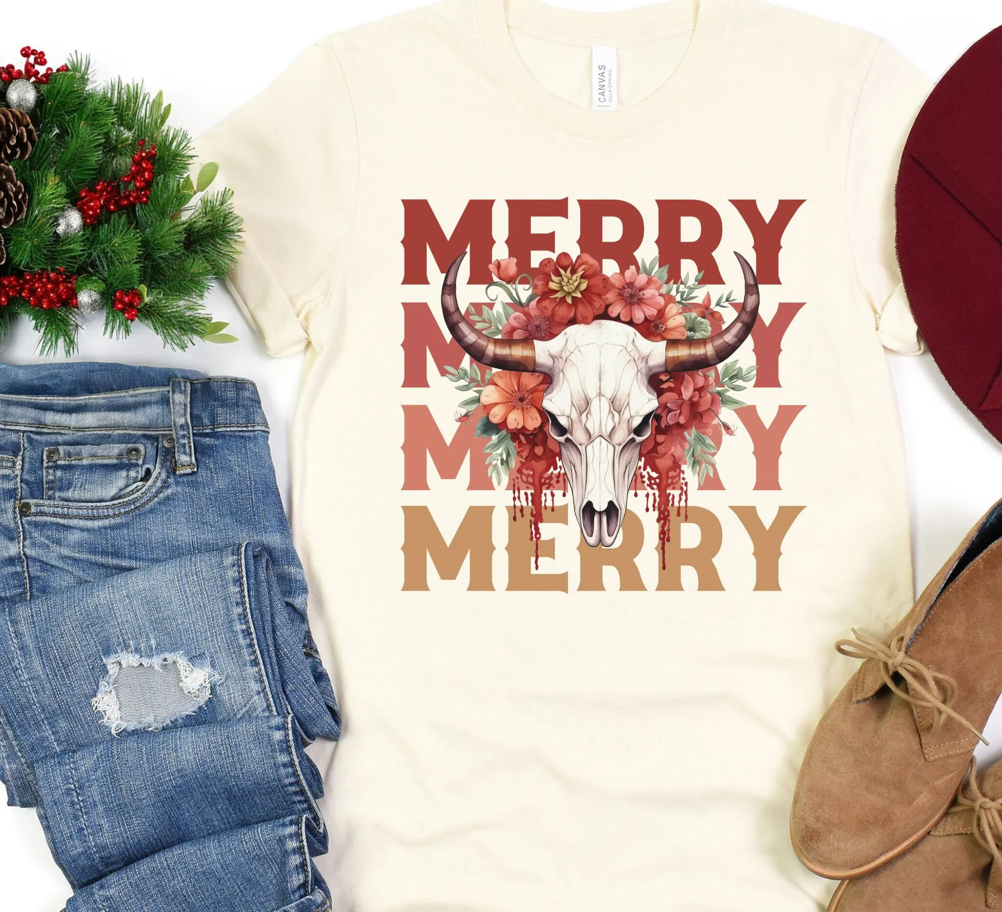 Western Christmas T Shirt Cowboy Merry Steer Country Rodeo