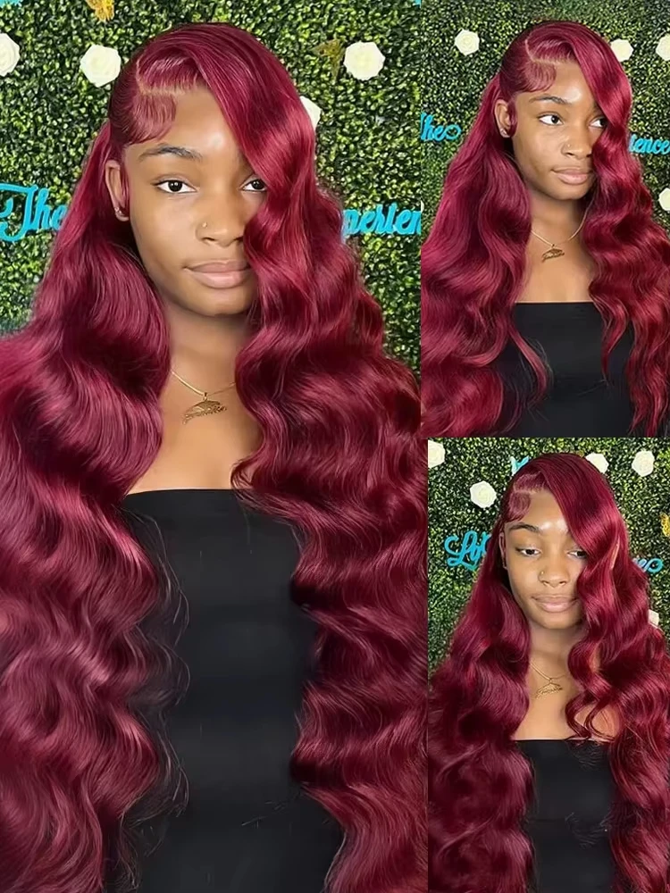 13x4ボディウェーブ99Jレースフロント人毛ウィッグ 女性用 バーガンディHD透明フロントウィッグ カラーリング済み 生え際処理済み 密度250%