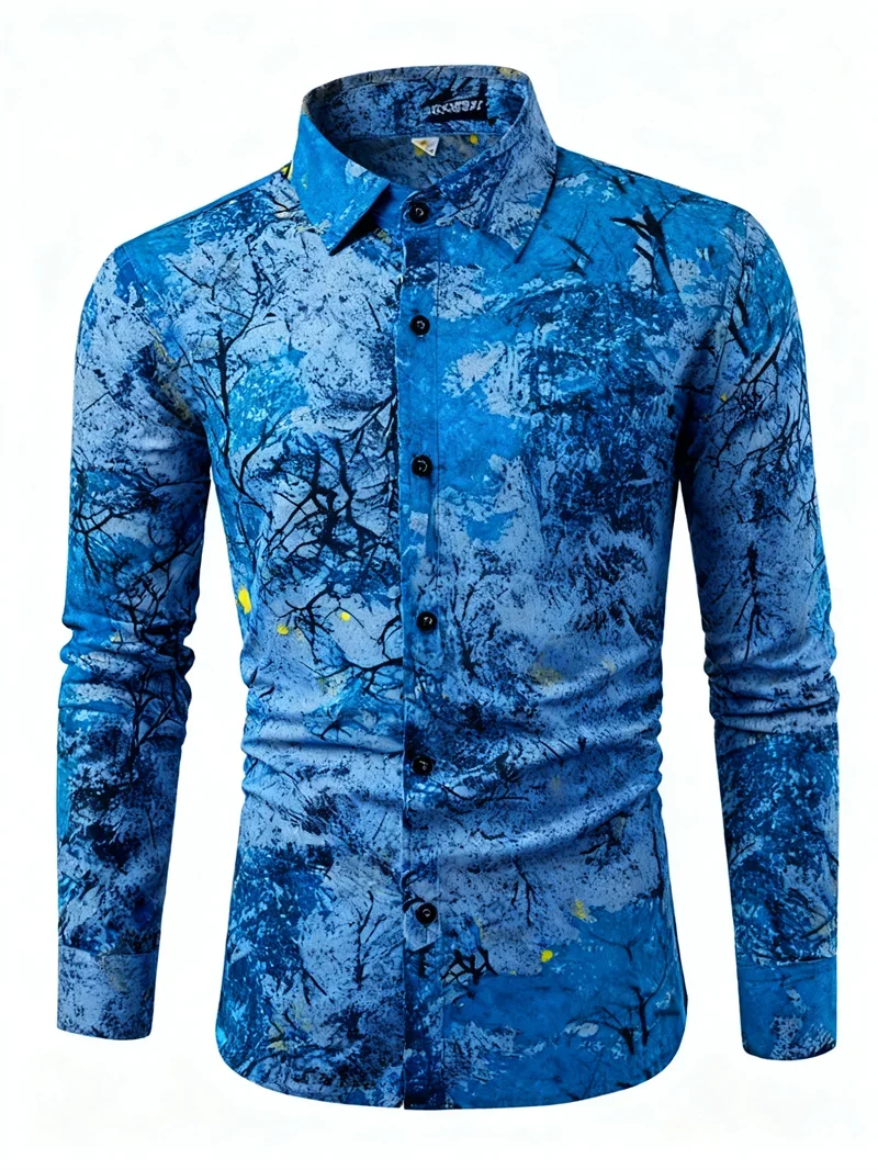 Men's Long Sleeve Luxury Shirt 3D Leaf Print Baroque Pattern Collar Top Men's Clothing