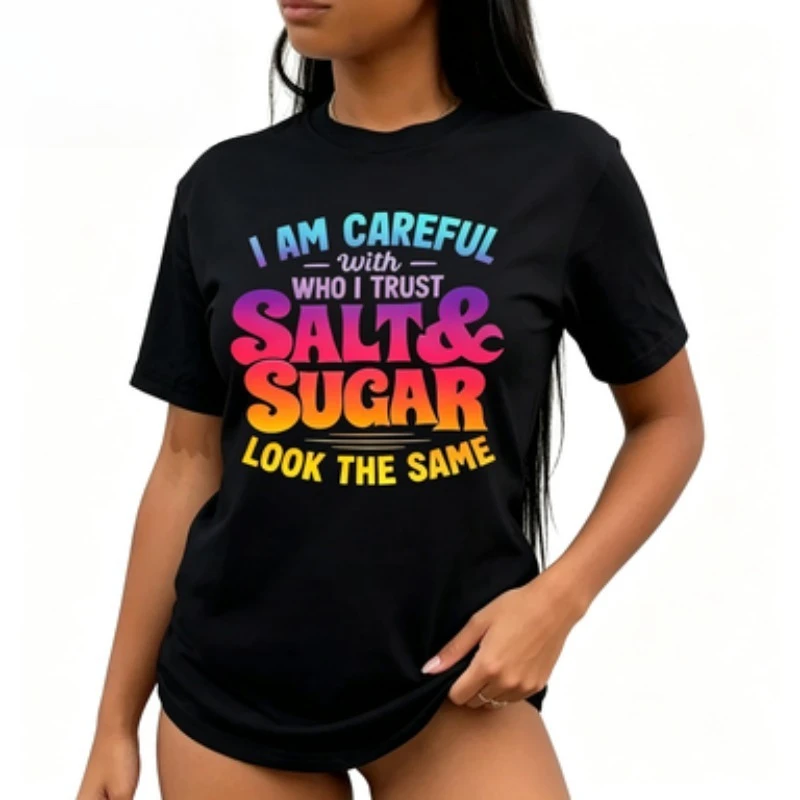 Ladies Slim Fit Tee Retro Groovy Gradient Slogan Salt & Sugar Look The Same Inspirational Text Graphic Daily Summer Fashion Top