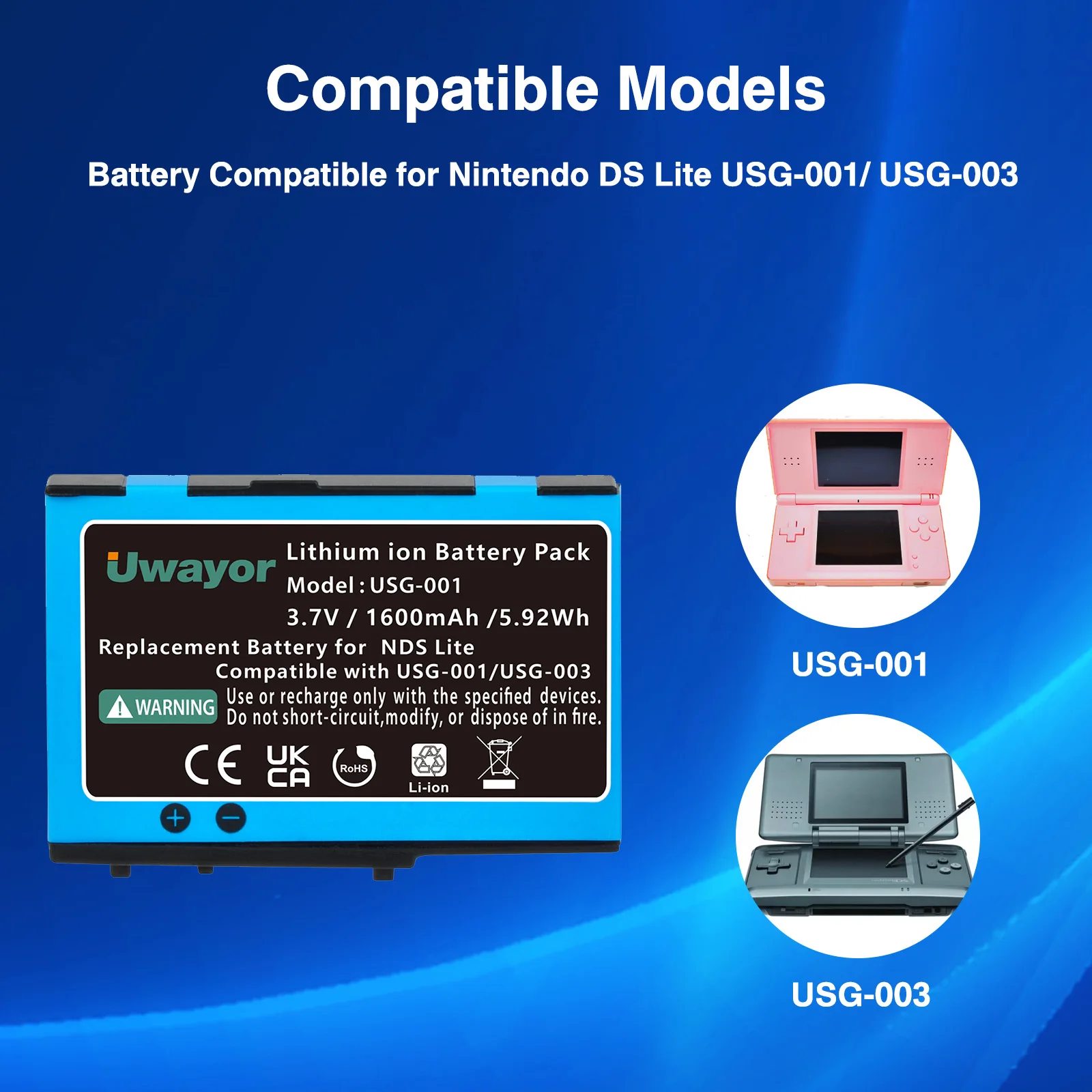 DS Lite Battery, 1600mAh USG-003/USG-001 Replacement Battery for Nintendo DS Lite, NDS Lite, NDSL Game Player  with Tool Kit