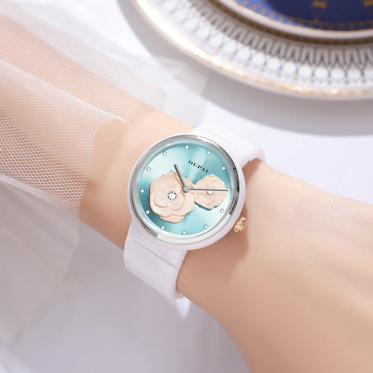 OUPAI женские часы с цветком камелии, белые керамические часы со шкалой со стразами, женские модные и элегантные кварцевые часы, водонепроницаемые