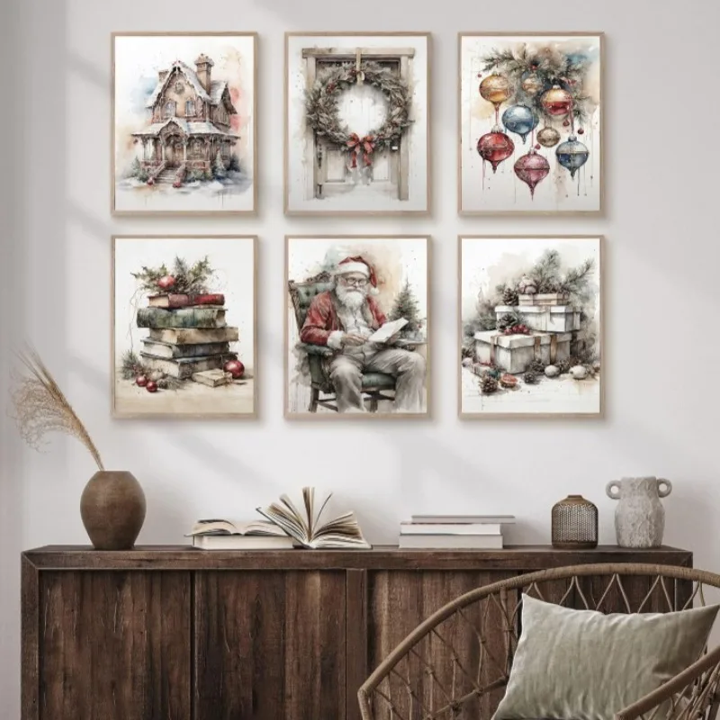 Vintage Santa Claus Reading Book Wall Decor Poster Christmas Wreath Gift Canvas Painting New Year Living Room Art Decoration