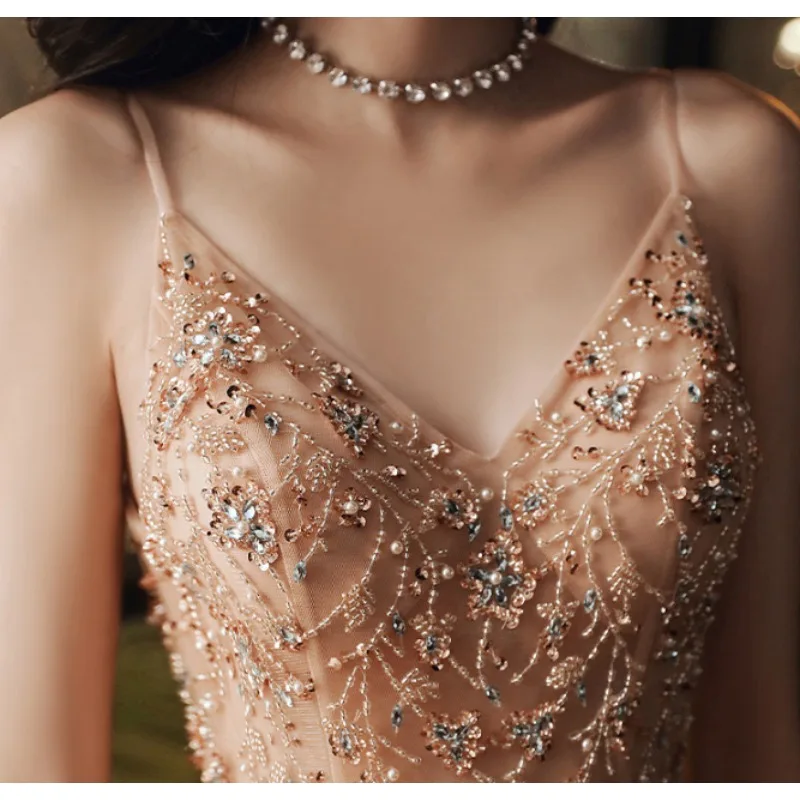 Luxury Champagne Prom Dress For Women 2025 Annual Party Birthday Party Immortal Long Temperament Banquet Evening Dress