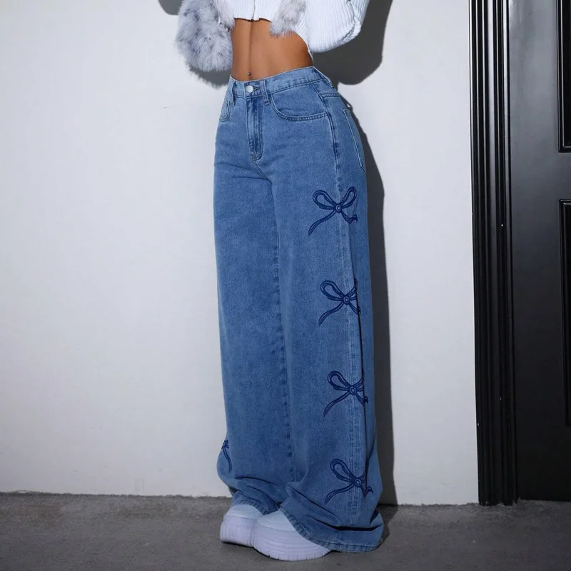 ANJY otoño nuevas mujeres American Tide Jeans lavados Bowknot impreso bolsillos rectos High Street Y2K elegante pantalones vaqueros A9114