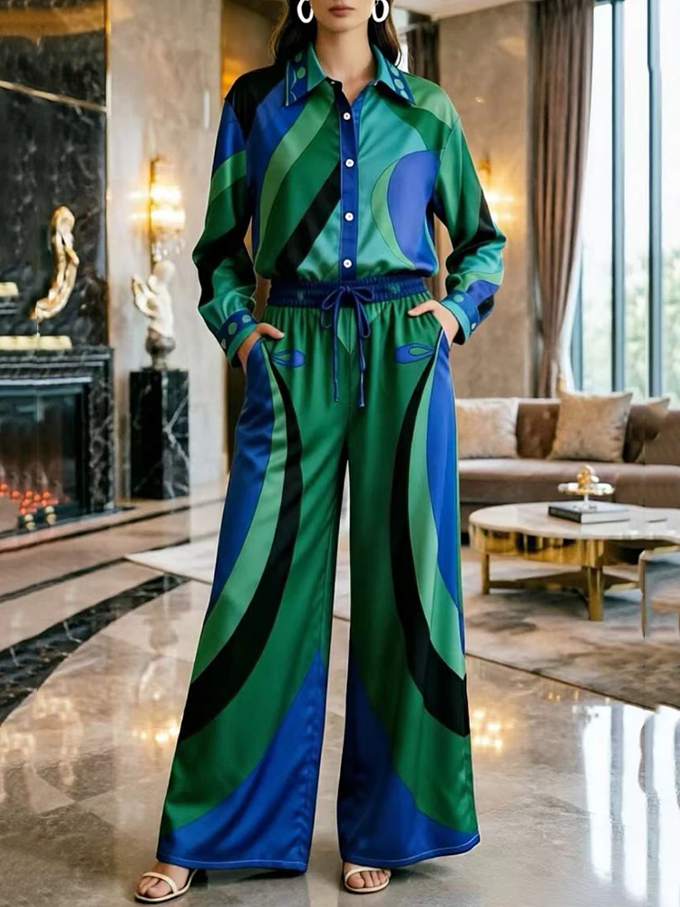 2026 Autumn Women's Clothing Retro Geometric Print Lapel Shirt Two-piece Set + Loose Large Size Wide Leg Pants Fashion Suit