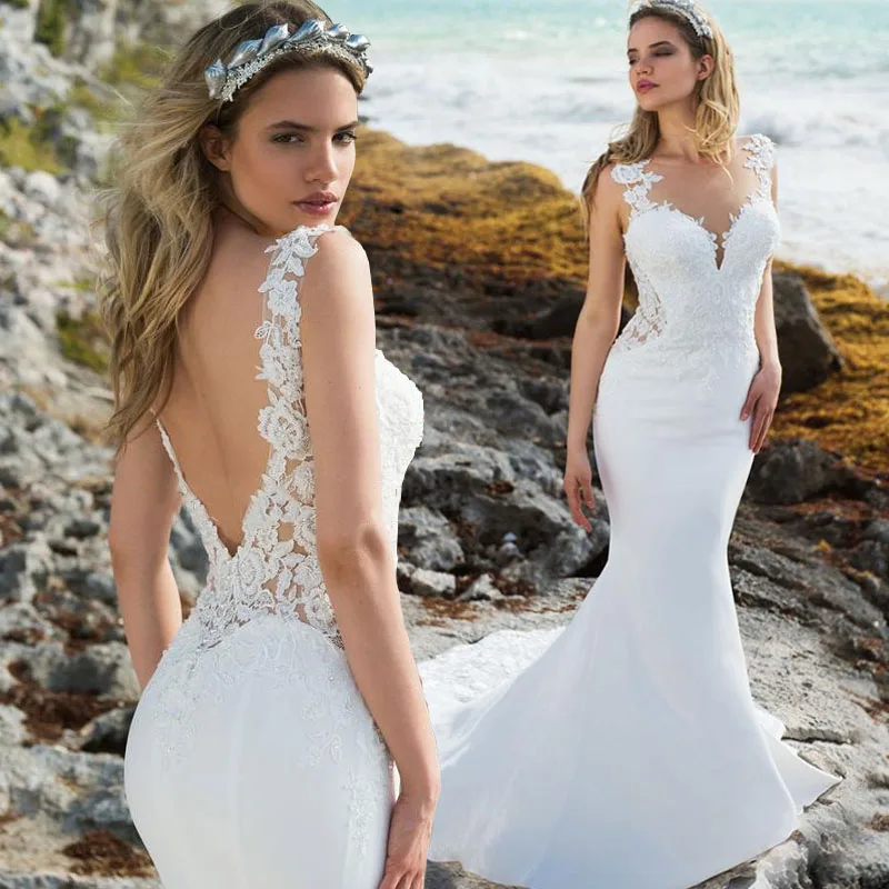 Robe de mariée sirène en dentelle, tenue de plage, col rond, style Boho