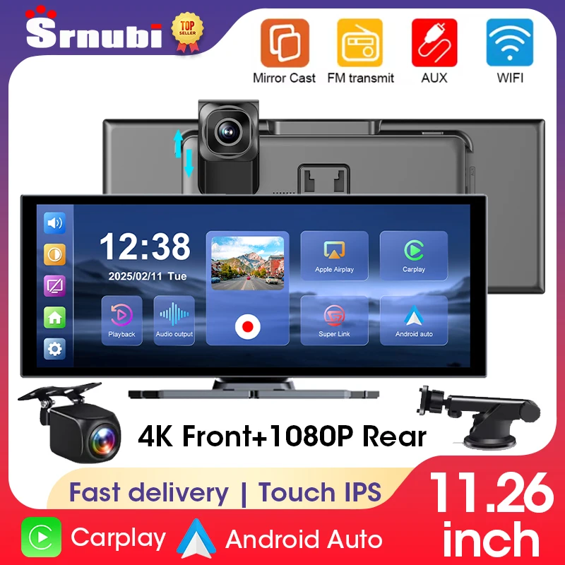 10.26/11.26 inch Touch Screen Car DVR 4K Dash Cam 5G WiFi Wireless Carplay Android Auto GPS Navigation BT Video Recorder FM AUX