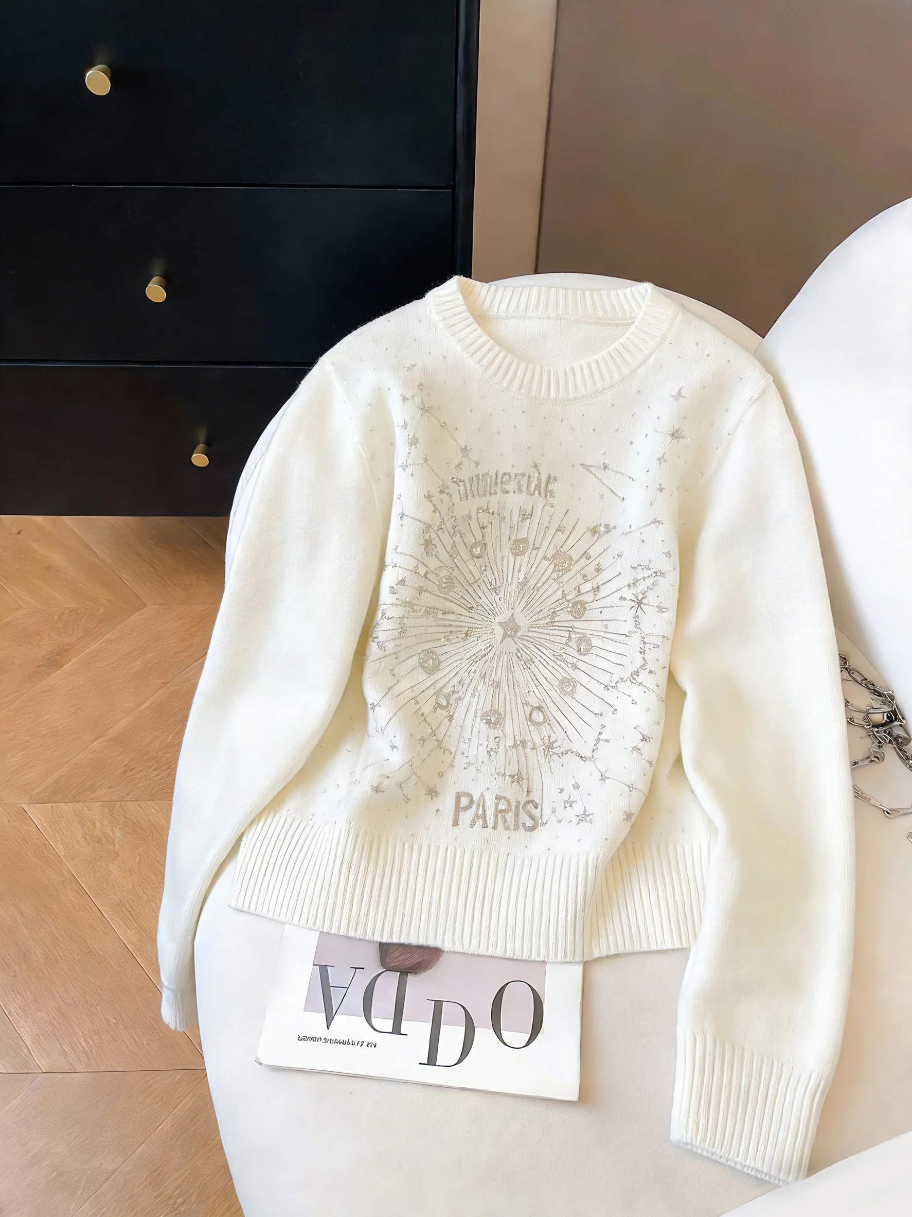 

American Retro White Heavy Star Rhinestone round Ne Long Sve Knitted Sweater Women Spring Autumn Gentle Versatile Knitwear