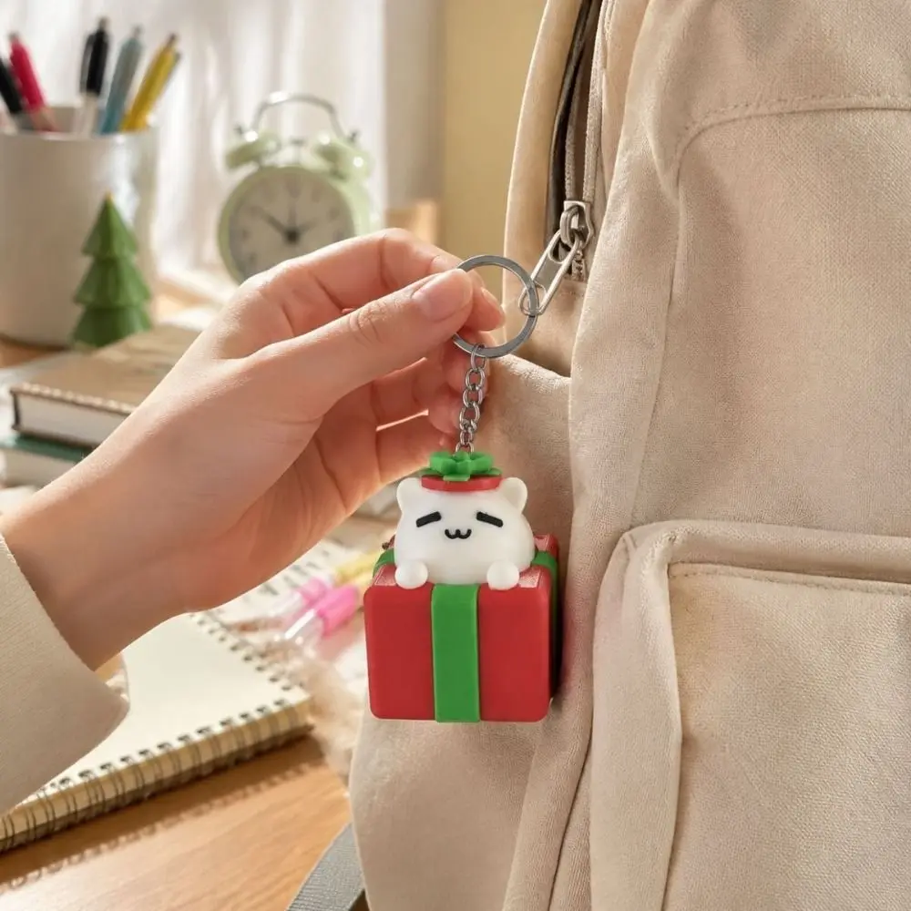 3D Printed Christmas Clicker Keychain Cute Cat Button Press Key Ring Gift Box Shape Kawaii Style Fidget Bag Cat Keychain