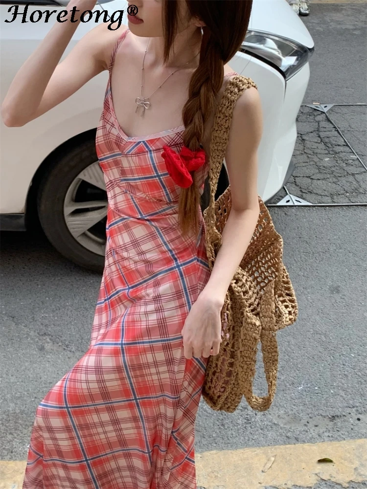 

Женское красное клетчатое платье макси с V-образным вырезом и тонкими бретелями, с завышенной талией, А-силуэт, струящееся, для летнего пляжного отдыха и вечеринок, сексуальное и элегантное