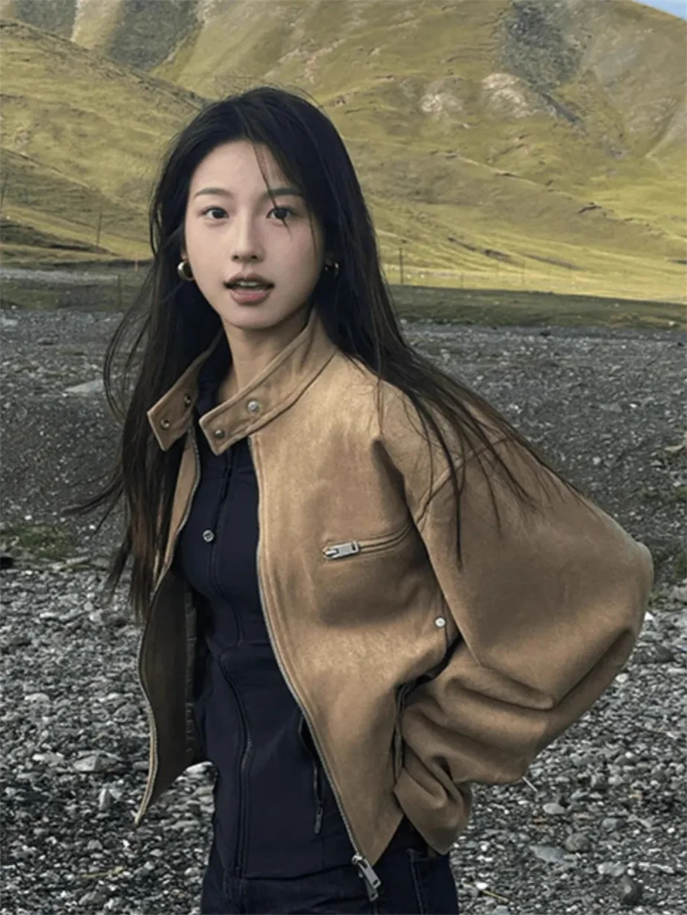 Chaqueta versátil de moda caqui Retro americana para mujer en primavera 2025, nueva chaqueta de estilo callejero para motocicleta, Top de moda