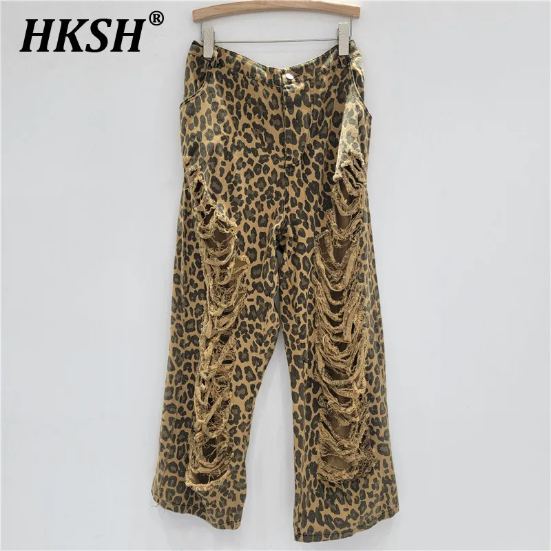 

HKSH Spring Summer New Women Niche Design Streetwear Vintage Washed Distressed Leopard Printed Hole Casual Wide Leg Jeans HK5893